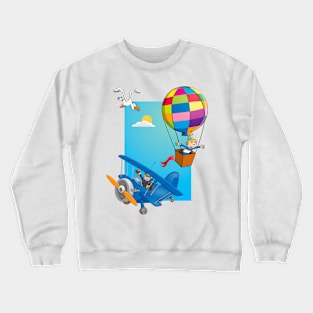 Drawing of a boy in a hot air balloon and a happy pilot in a blue airplane Crewneck Sweatshirt